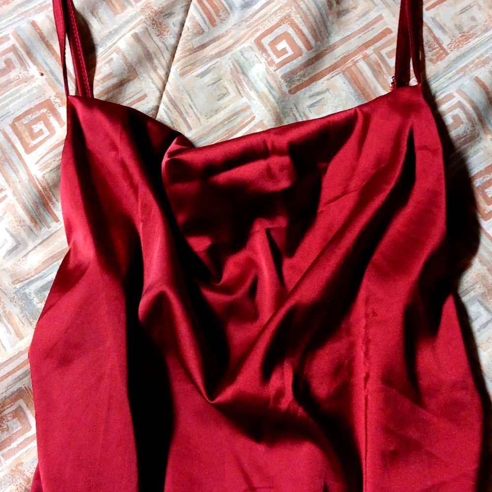 Satin, wine red dress.